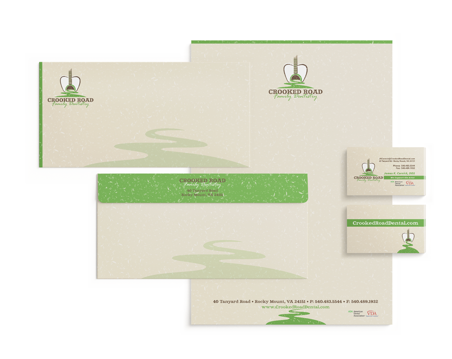 Graphic Design of Letterhead, Envelope and Business Cards for Crooked Road Family Dentistry